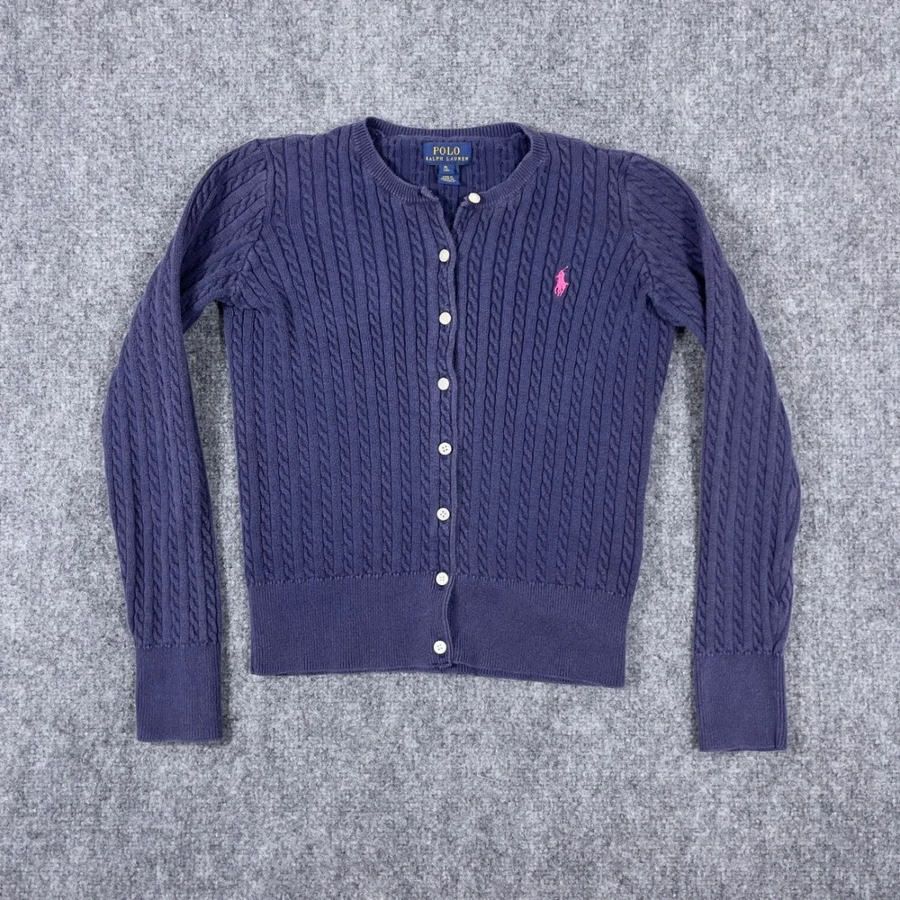 Polo Ralph Lauren Cardigan Girls XL 16 Purple Cable Knit Pink Pony Logo Sweater
